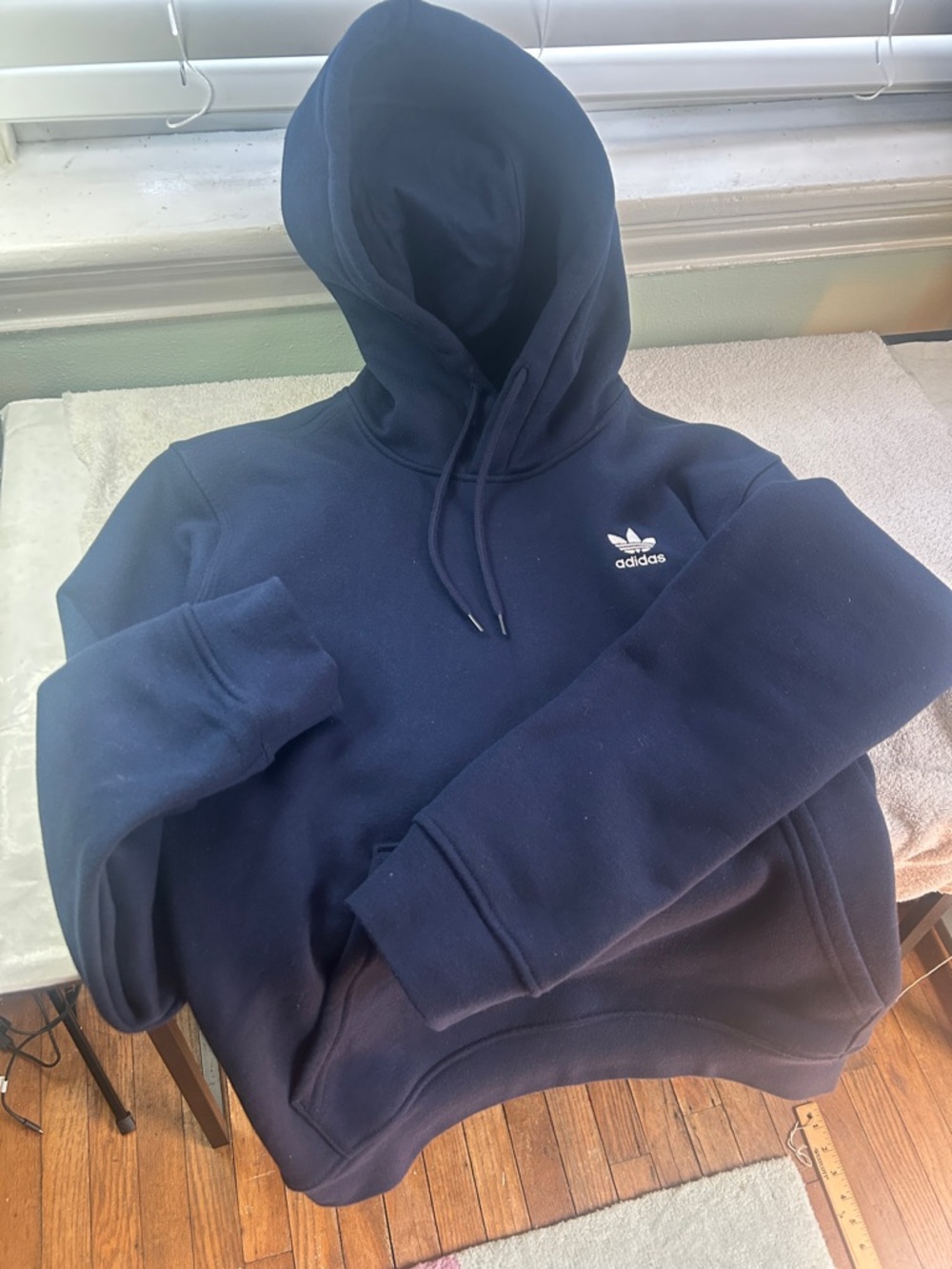 Dark blue thick soft adidas Navy Trefoil Hooded Pullover - Men/Women's w/pocket